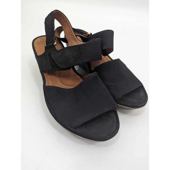 Clarks Shoes - Clarks Artisan 9.5 Wedge Sandals Black Clarene Allure Nubuck Leather Hook Loop